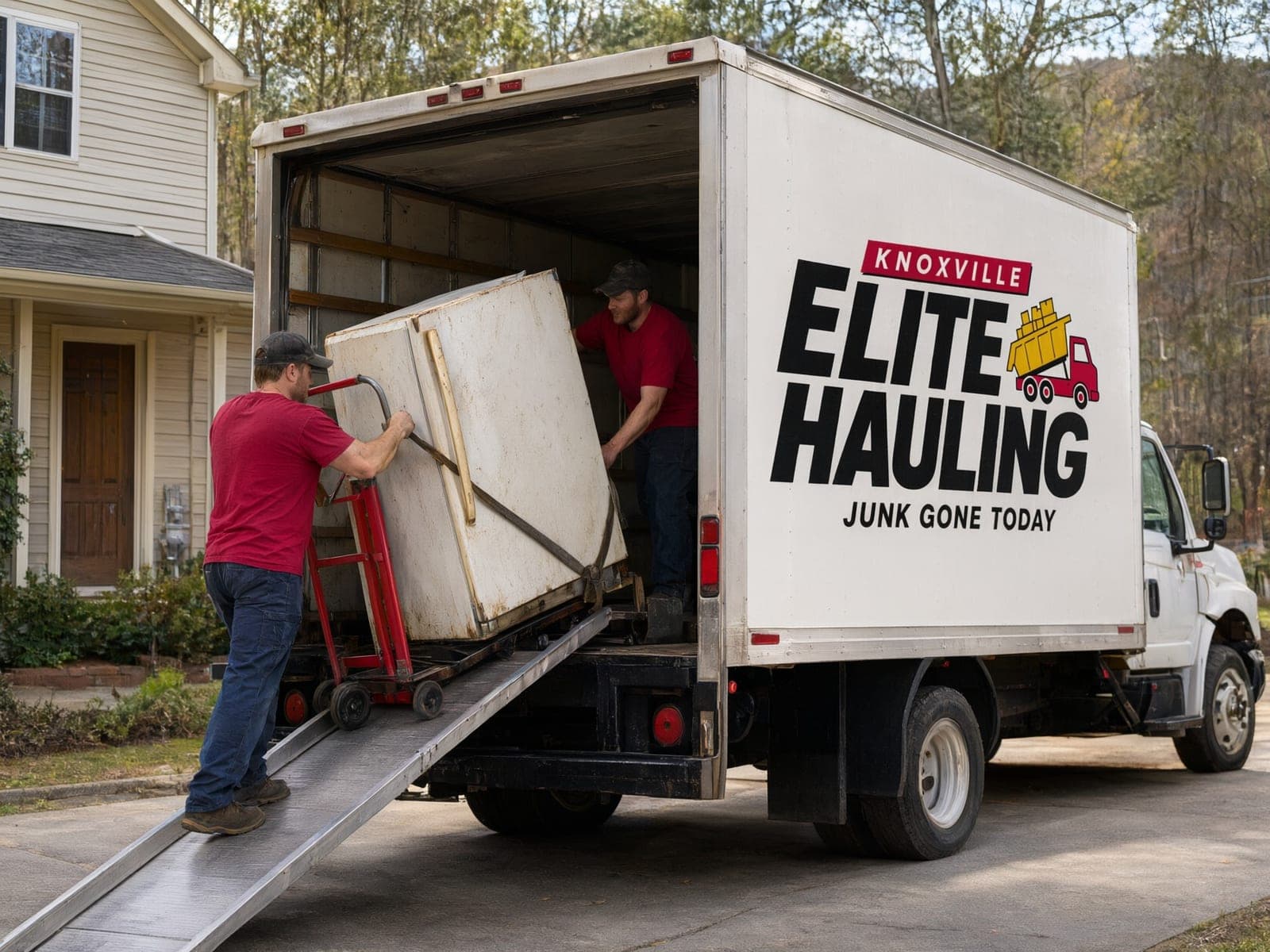 Crew member wheeling a fridge on a dolly up the ramp into a Knoxville Elite Hauling truck for junk removal in Knoxville